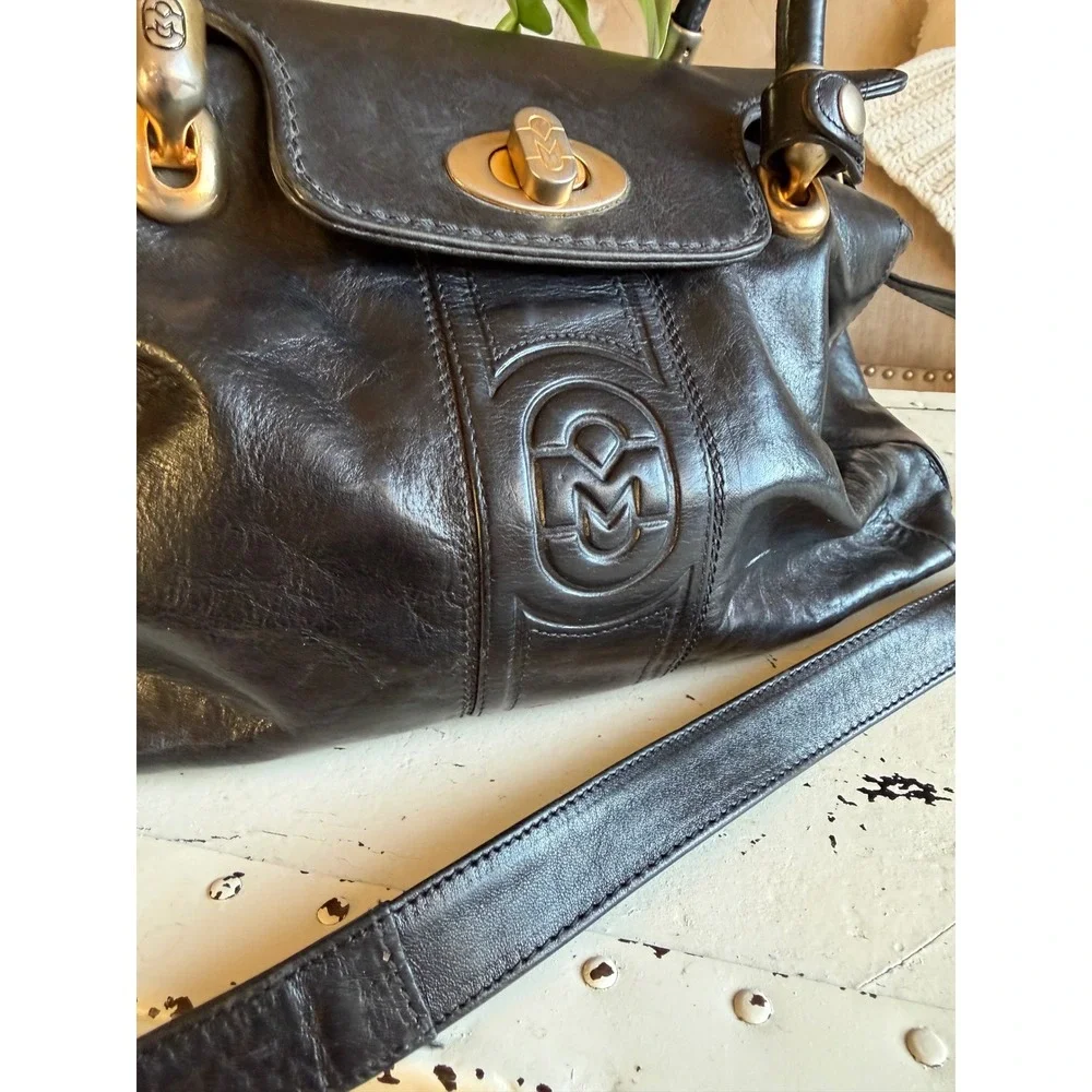 MARINO ORLANDI Satchel Black Leather Embossed Logo Gold Hardware Purse Bag Large